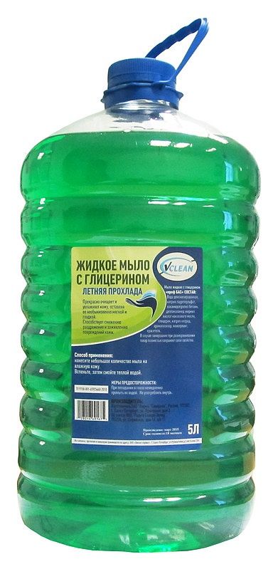 Мыло жидкое VCLEAN 5 л с глицерином Летняя прохлада, ПЭТ, зеленое