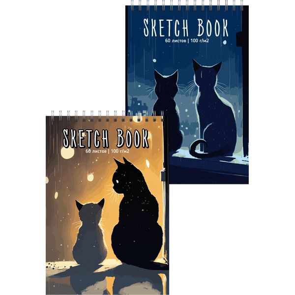 Скетчпад-перевертыш 145*210мм  60л., гребень, 100гр/м2, "Two Cats" тв.переплет