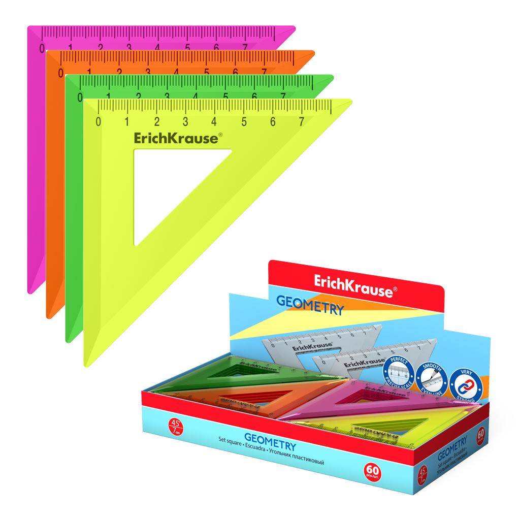 Угольник пластиковый ErichKrause Neon Solid, 45°/7см, ассорти (в коробке-дисплее по 60 шт)