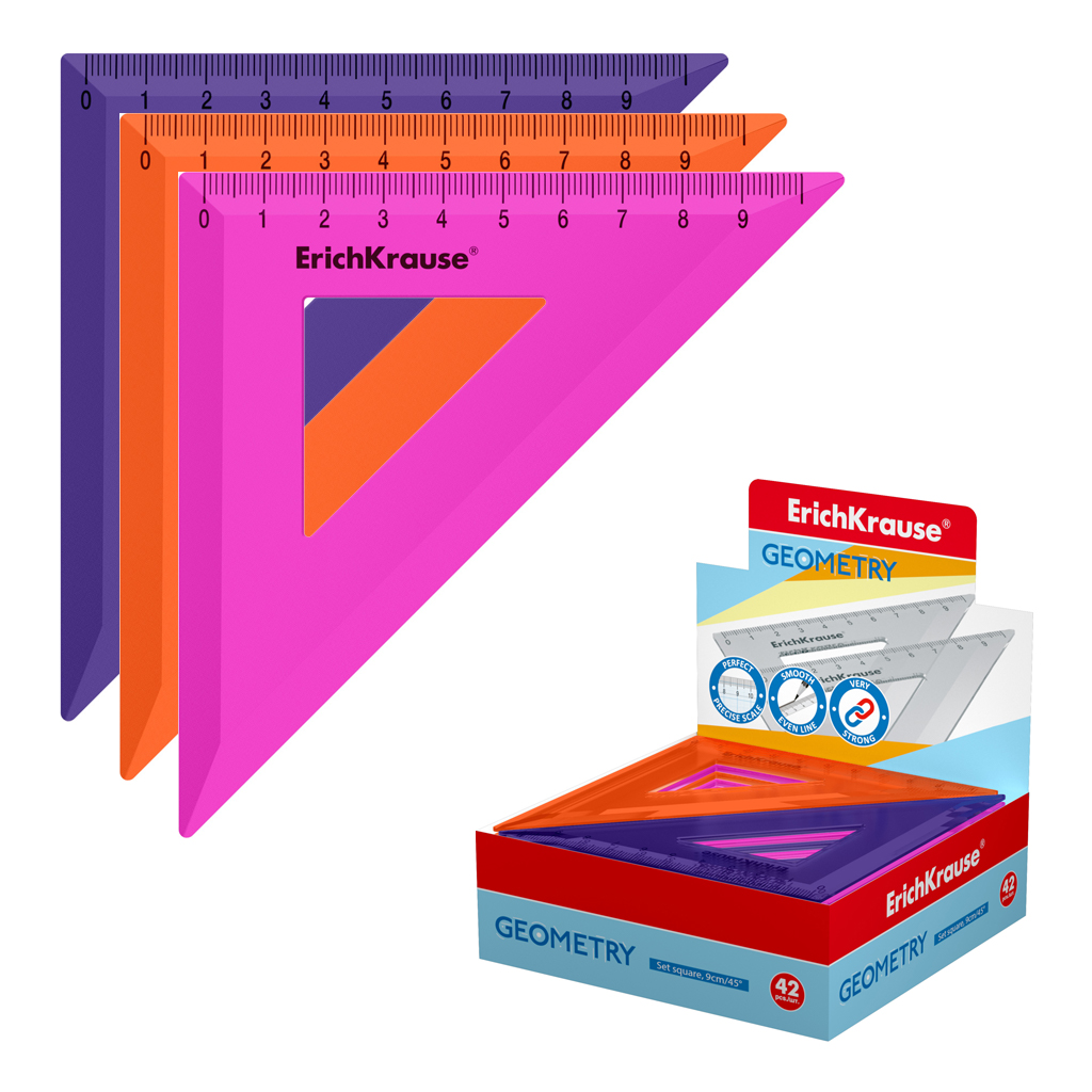 Угольник пластиковый ErichKrause Caribbean Sunset, 45°/9см, ассорти (в коробке-дисплее по 42 шт)