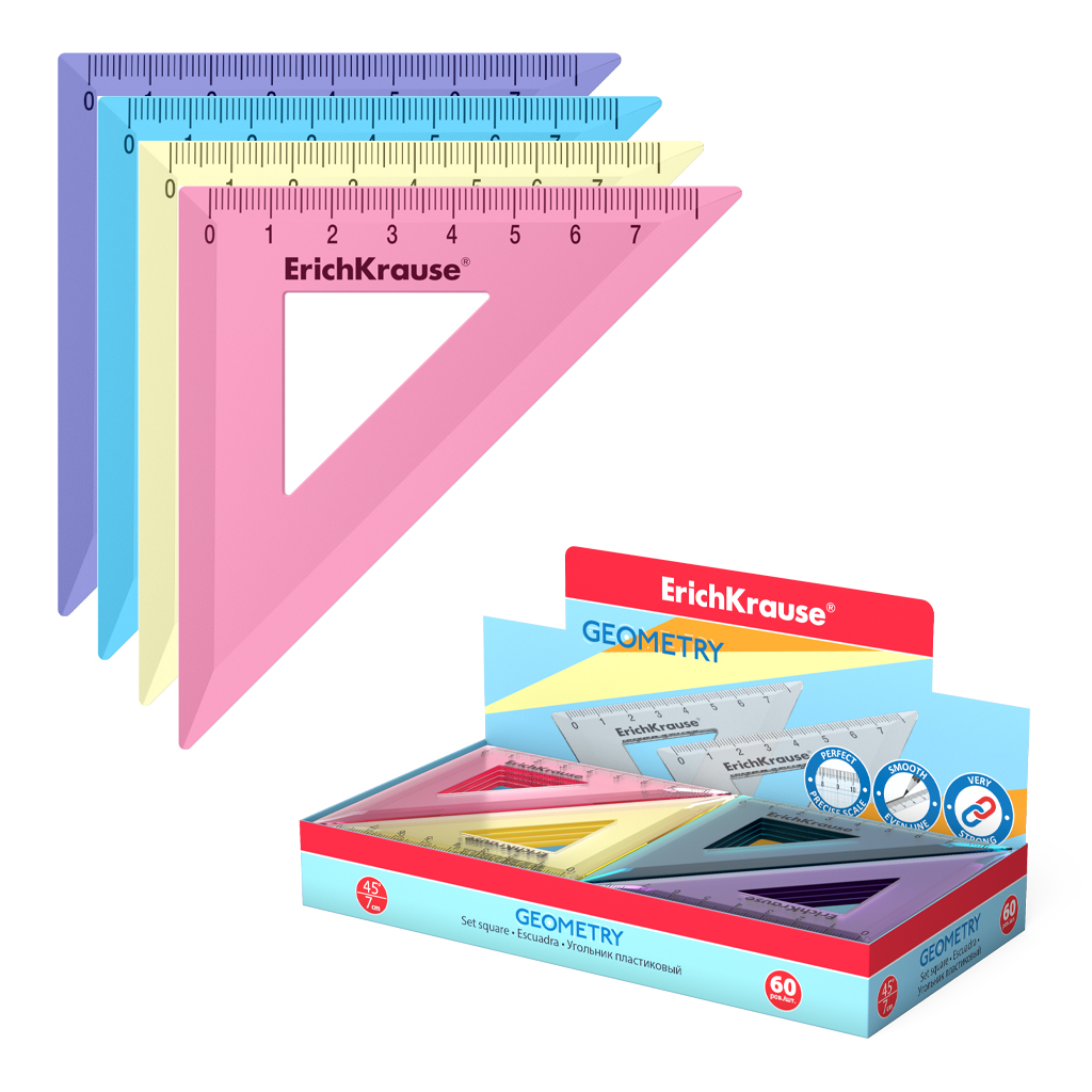 Угольник пластиковый ErichKrause Pastel, 45°/7см, ассорти (в коробке-дисплее по 60 шт)