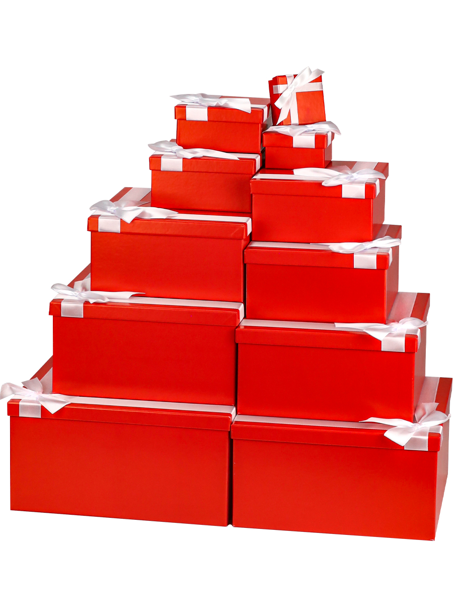 Набор подарочных коробок 11в1 "Однотонные красные с лентой"  25,5*25,5*13 - 5,5*5,5*2,5 см