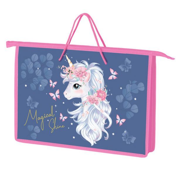 Папка А4 (340*245*45) с ручками, молния, пластик "Единорог с бабочками"