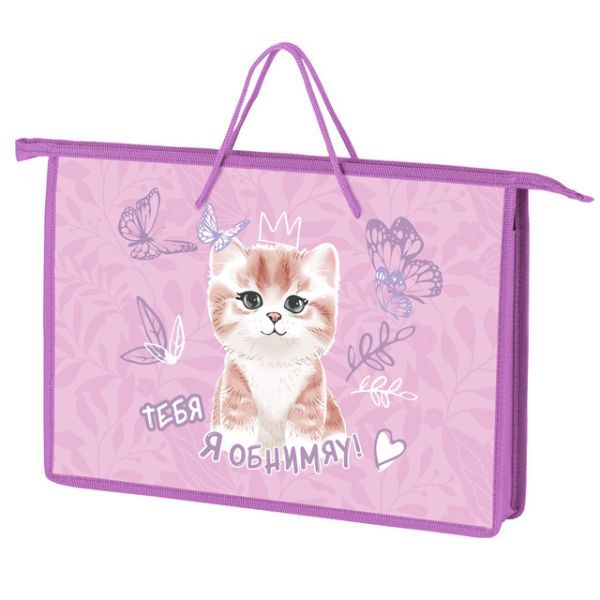 Папка А4 (340*245*45) с ручками, молния, пластик "Обнимяу"