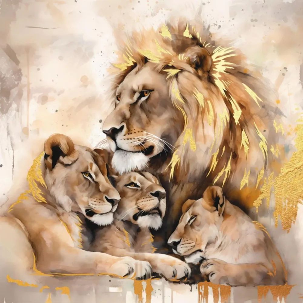 Картина по номерам на холсте с поталью 40*40см "Семейство львов"