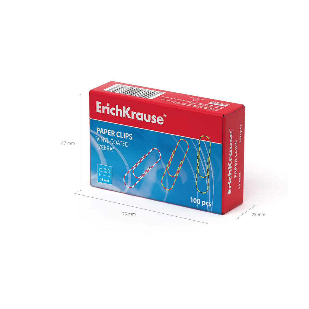 Скрепки металлические с виниловым покрытием ErichKrause Zebra, 33мм, ассорти (в коробке по 100 шт.)
