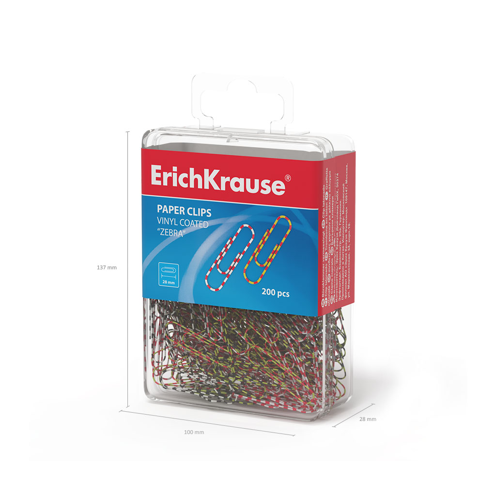 Скрепки металлические с виниловым покрытием ErichKrause Zebra, 28мм, ассорти (в пластиковой коробке по 200 шт.)