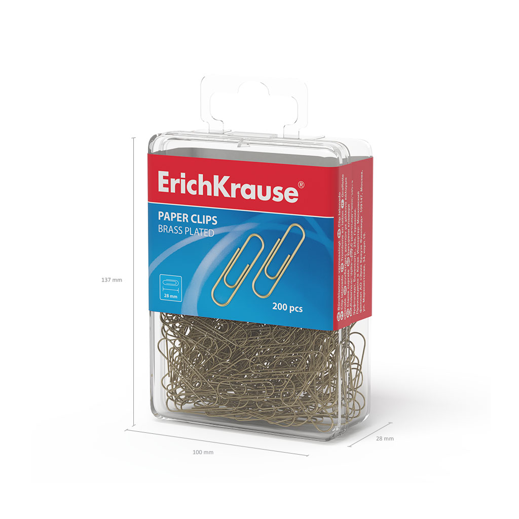 Скрепки металлические омедненные ErichKrause 28мм (в пластиковой коробке по 200 шт.)
