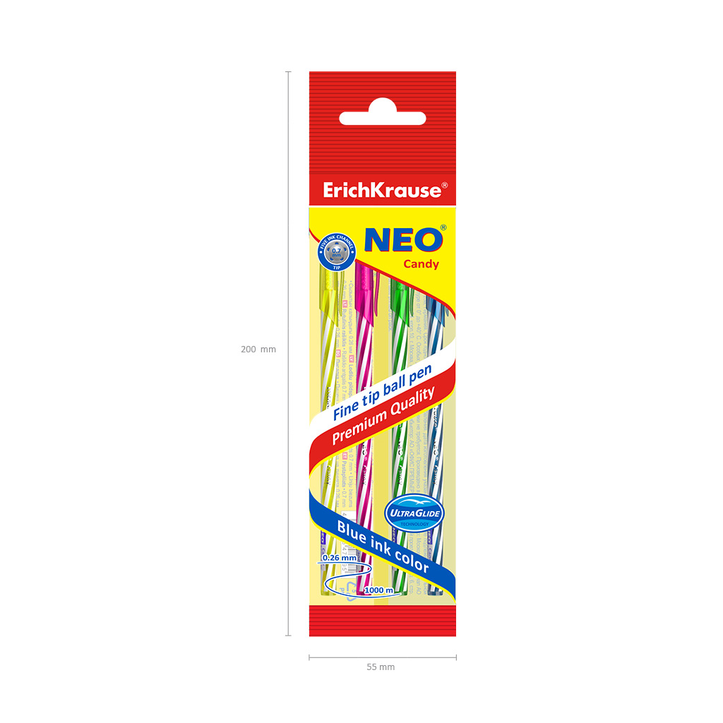 Набор из 4 ручек шариковых ErichKrause Neo® Stick Candy 0.7, Super Glide Technology, цвет чернил синий (в пакете по 4 шт.)