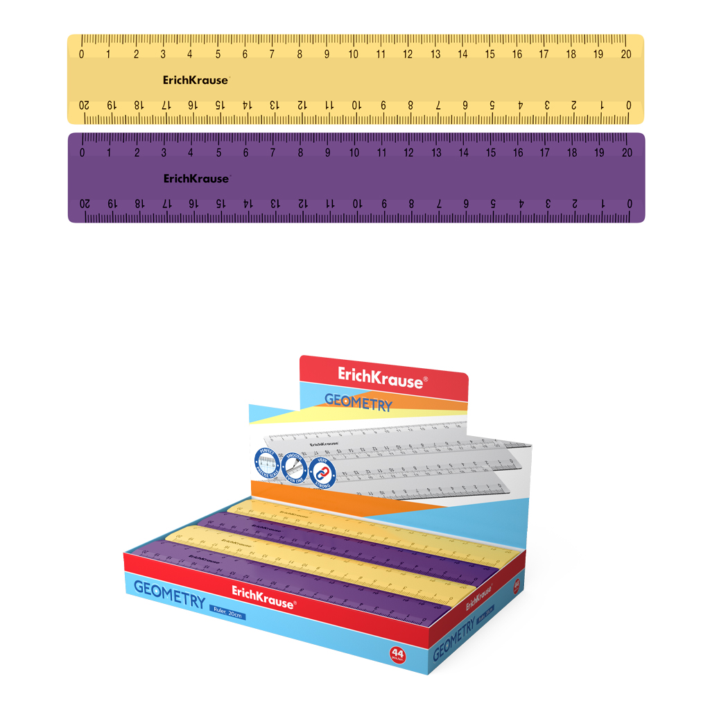 Линейка пластиковая ErichKrause Iris, 20см, ассорти из 2 цветов, в коробке-дисплее
