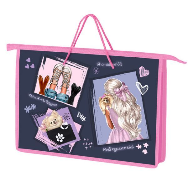 Папка А4 (340*245*45) с ручками, молния, пластик "Девочка с собачкой"