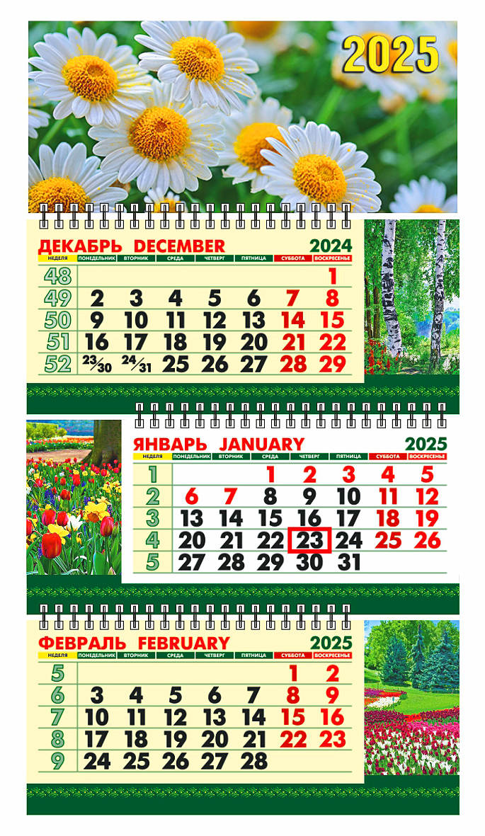 Календарь Трио Малый  246*450мм на 2025г. с курсором "Ромашки"