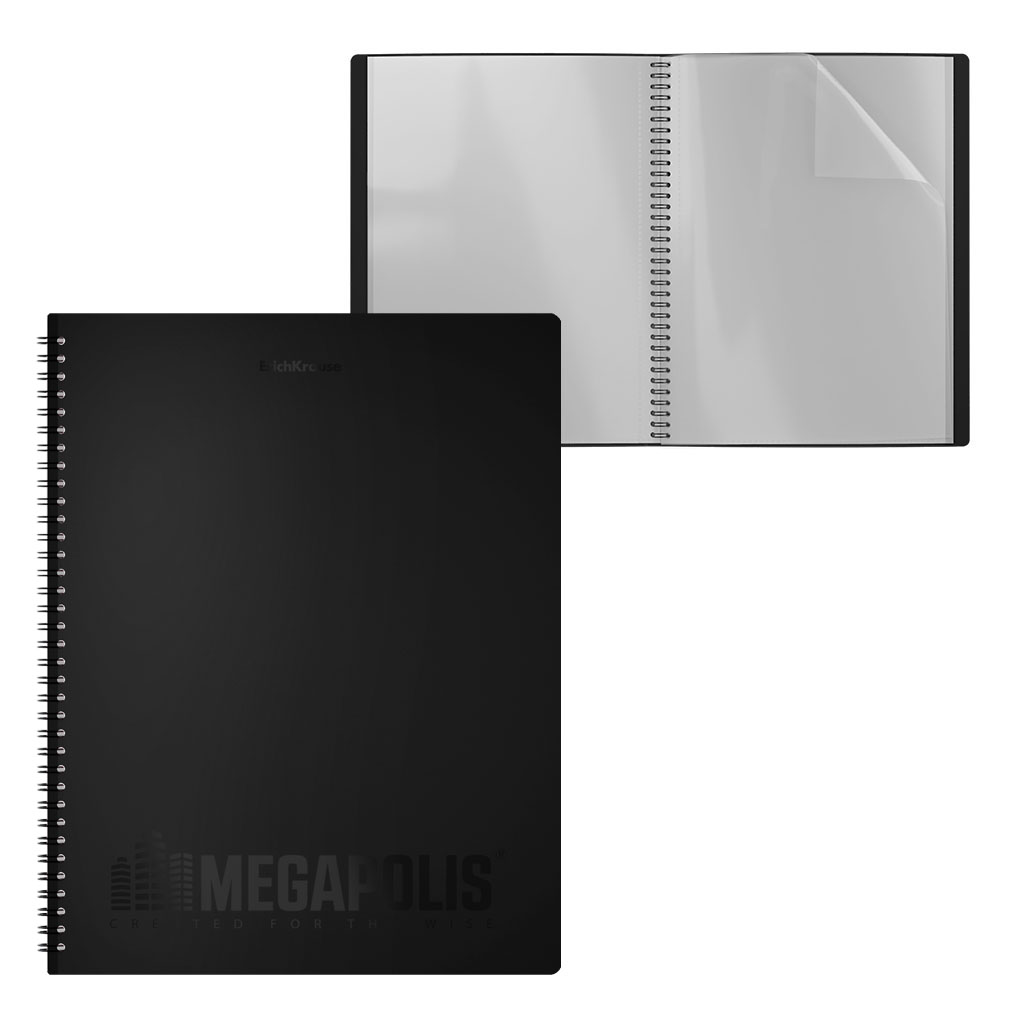 Папка файловая пластиковая на спирали ErichKrause MEGAPOLIS®, c 40 карманами, A4, черный (в пакете по 4 шт.)