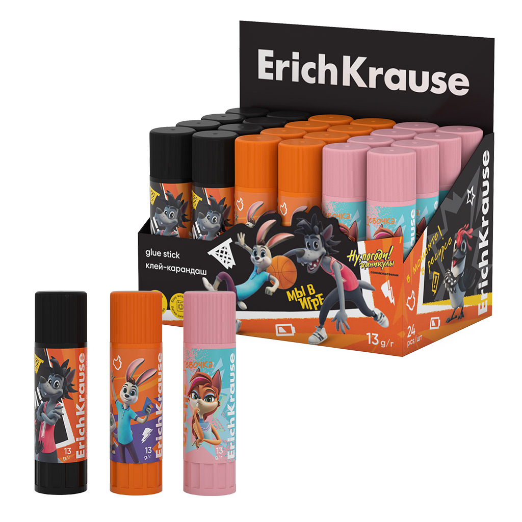 Клей-карандаш ErichKrause EasyStick «Ну, Погоди! Каникулы», 13г, ассорти (в коробке-дисплее по 24 шт.)