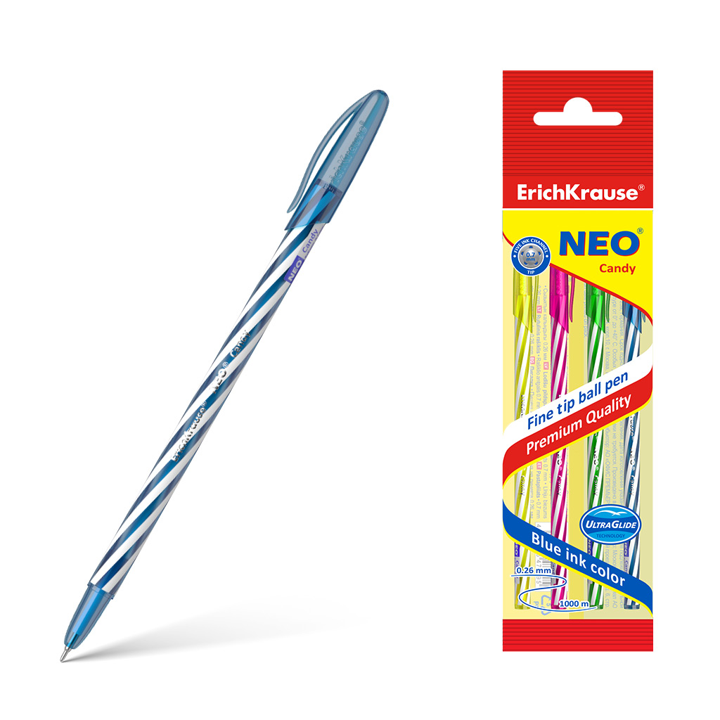 Набор из 4 ручек шариковых ErichKrause Neo® Карамель 0.7, технология суперскольжения, цвет чернил синий (в пакете)
