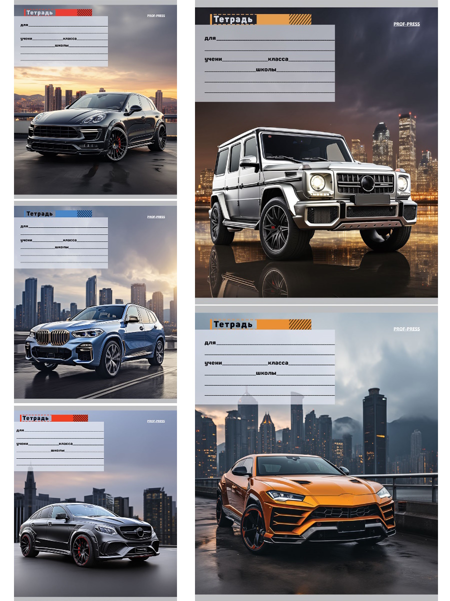 Тетрадь А5 24л лин. Проф-Пресс "Стильное авто в городе" 5 диз.в спайке, белизна 100%