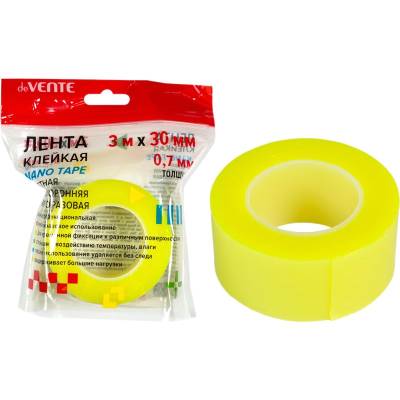 Скотч 2 сторон. 30мм*3м  NANO TAPE NEON  МНОГОРАЗОВЫЙ, желтый, 0,7мм