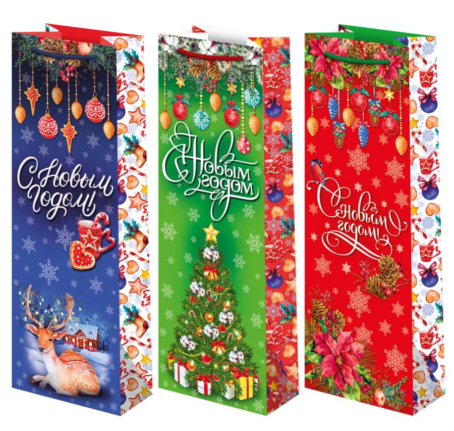 Пакет подар. бумажн. под бутылку 12*36*8 см, 157гр/м2  Микс новогодний 2