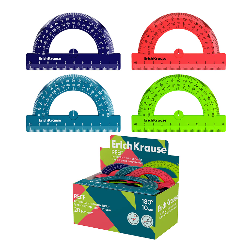 Транспортир пластиковый ErichKrause Reef, 180°/10см, ассорти (в коробке-дисплее по 20 шт)