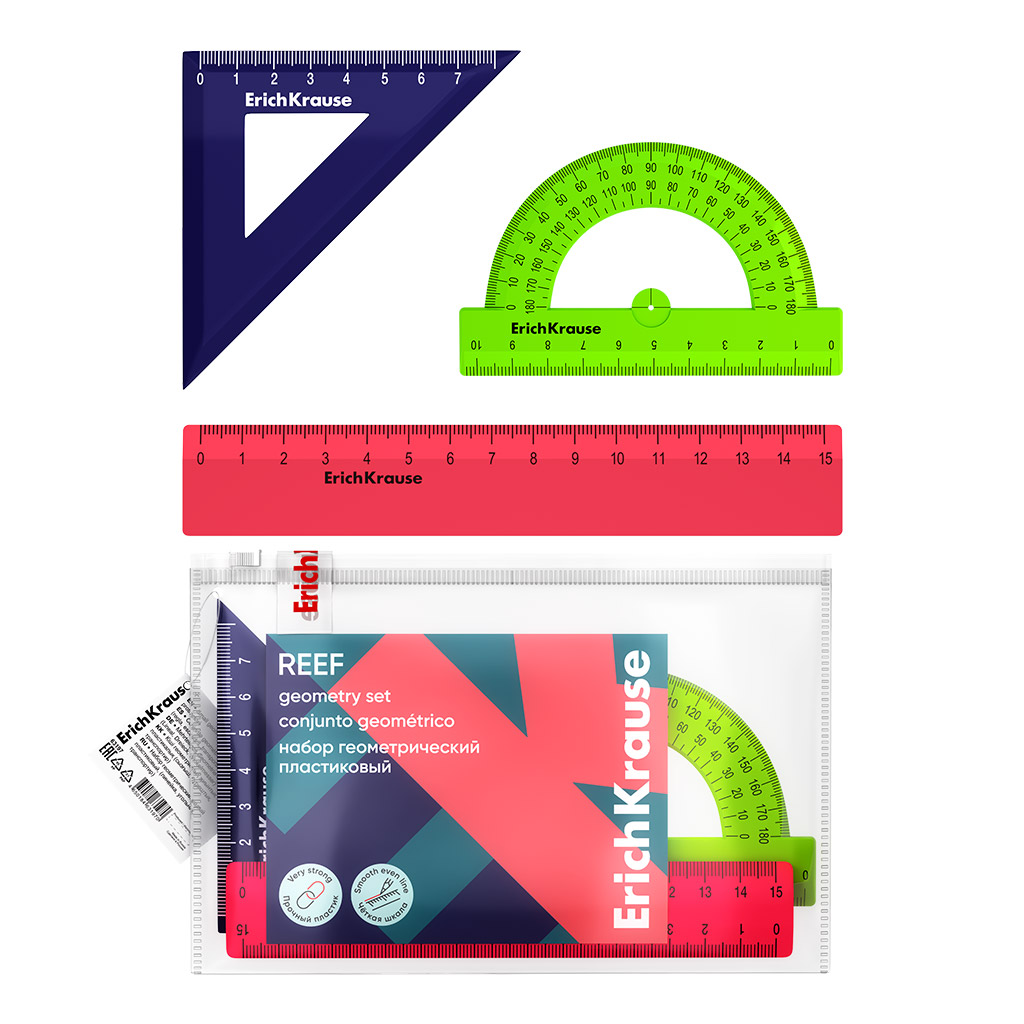Набор геометрический малый пластиковый ErichKrause Reef, (линейка, угольник, транспортир), zip-пакет, ассорти (в пакете по 20 шт)