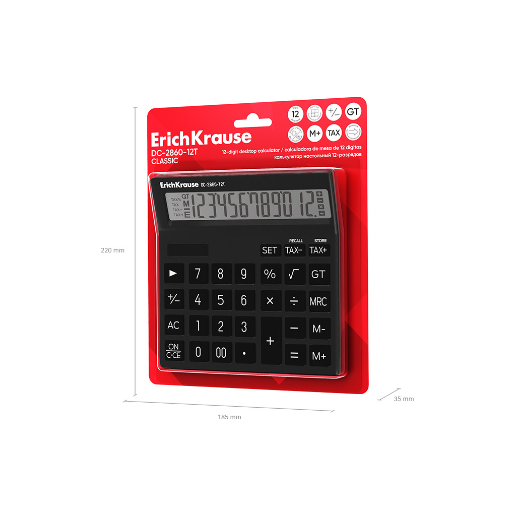 Калькулятор настольный 12-разрядов ErichKrause DC-2860-12T Classic, черный (в блистере по 1 шт.)