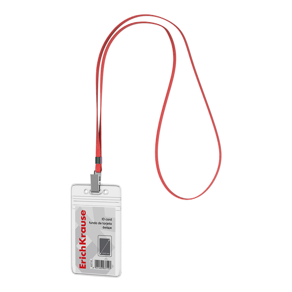 Бейдж вертикальный в комплекте с лентой ErichKrause размер вставки  62х91 мм, прозрачный, цвет ленты красный (в пакете)