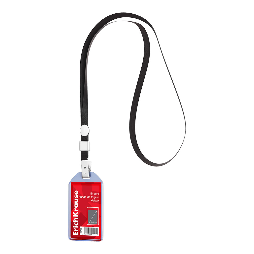 Бейдж вертикальный в комплекте с лентой ErichKrause размер вставки 54х85 мм, прозрачный, цвет ленты черный (в пакете)