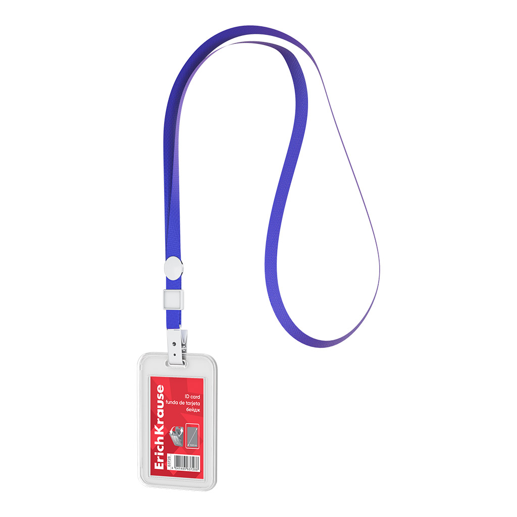 Бейдж вертикальный  в комплекте с лентой ErichKrause книжка, размер вставки 54х85 мм, прозрачный, цвет ленты синий (в пакете)