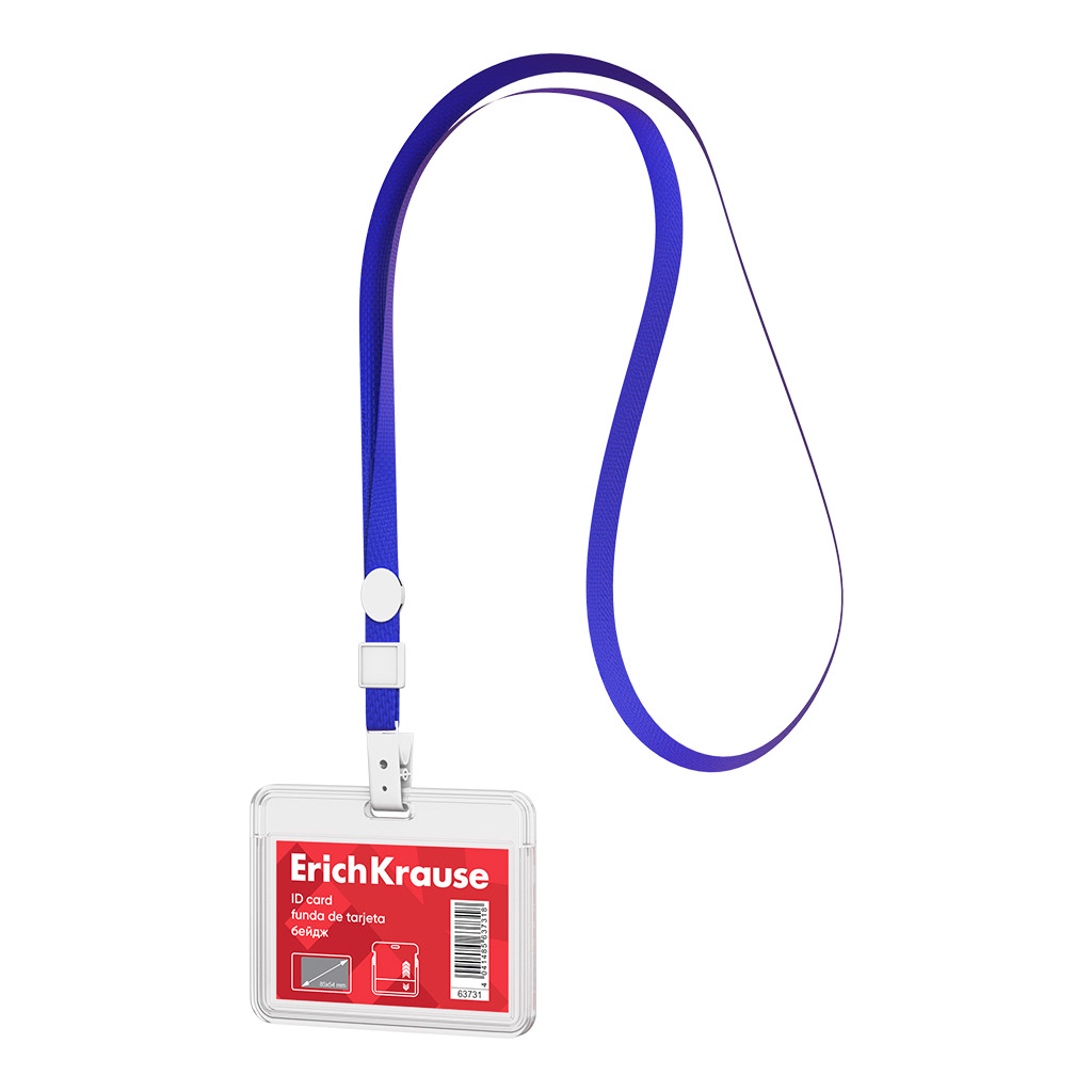 Бейдж горизонтальный в комплекте с лентой ErichKrause слайдер, размер вставки 85х54 мм, прозрачный, цвет ленты синий (в пакете)