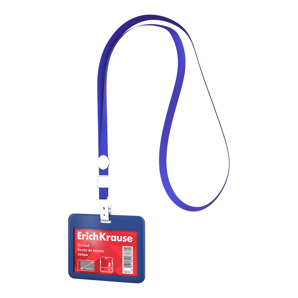 Бейдж горизонтальный в комплекте с лентой ErichKrause слайдер, твердый пластик ABC, размер вставки 85х54 мм, синий (в пакете)