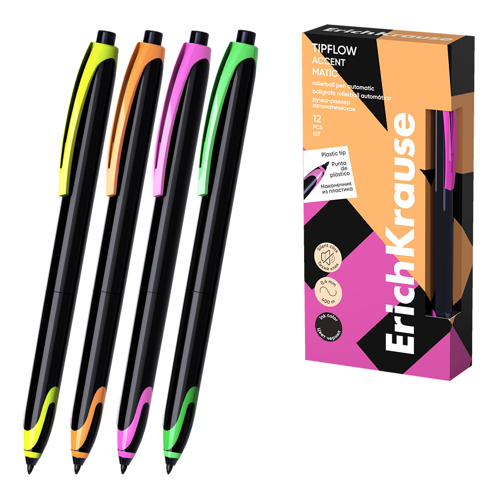 Ручка-роллер автоматическая ErichKrause TipFlow Matic Accent 0.5, цвет чернил черный (в коробке по 12 шт.)