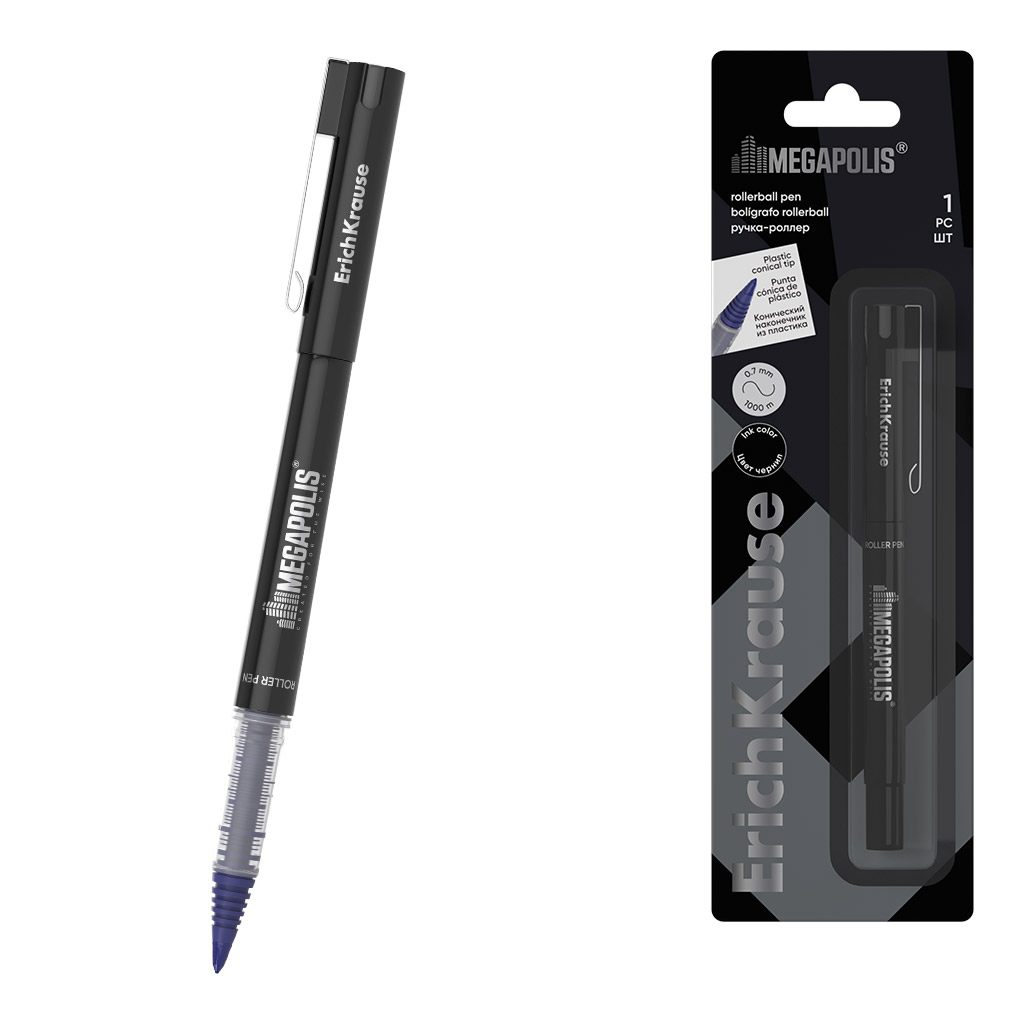 Ручка-роллер ErichKrause MEGAPOLIS® Stick 1.0, цвет чернил черный (в блистере по 1 шт.)