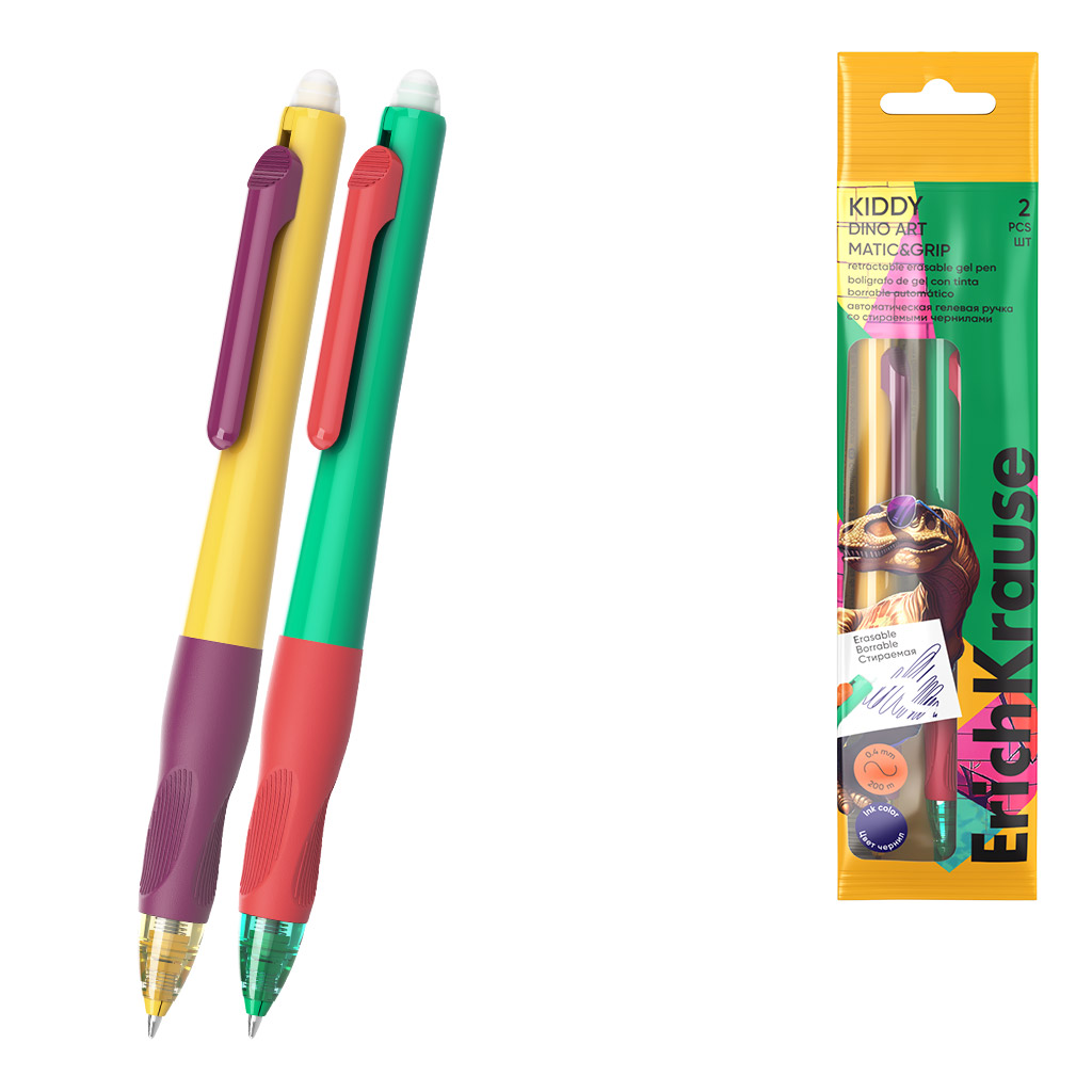 Набор из 2 ручек гелевых автоматических сo стираемыми чернилами ErichKrause Kiddy Matic&Grip Dino Art 0.5, цвет чернил синий (в пакете)