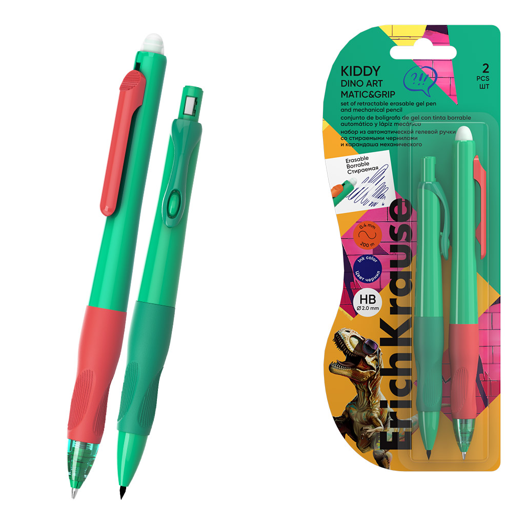 Набор из ручки гелевой автоматической 0.5, цвет чернил синий и карандаша механического 2.0, HB ErichKrause Kiddy Dino Art (в блистере)