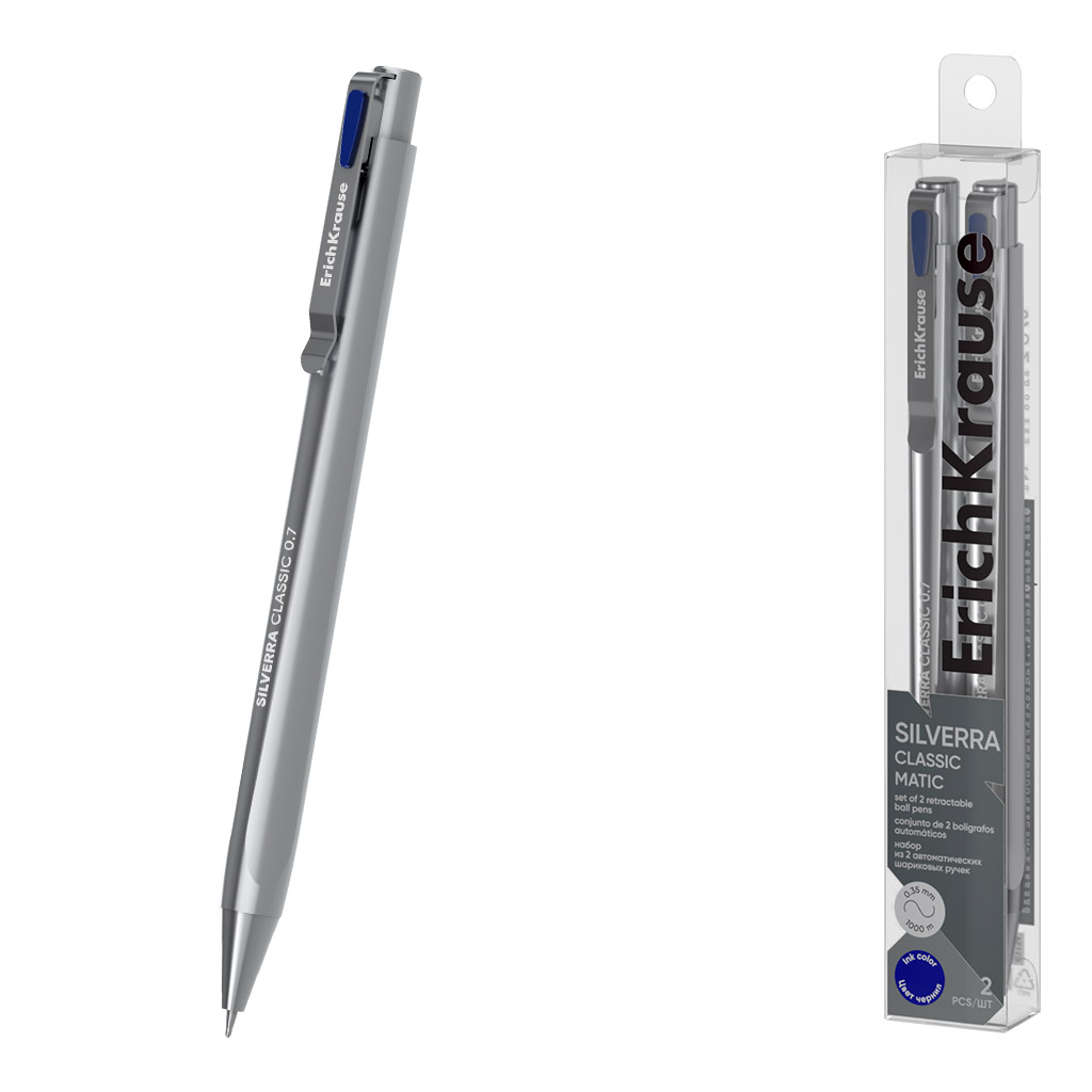 Набор из 2 ручeк шариковых автоматических ErichKrause Silverra Matic Classic 0.7, Super Glide Technology, цвет чернил синий (в пэт-боксе)