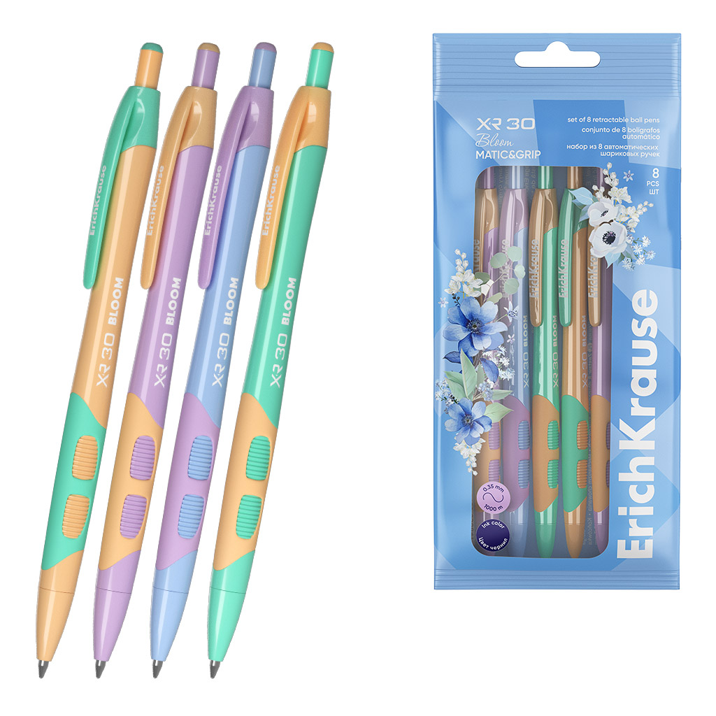 Набор из 8 ручек шариковых автоматических ErichKrause XR-30 Matic&Grip Pastel Bloom 0.7, цвет чернил синий (в пакете)