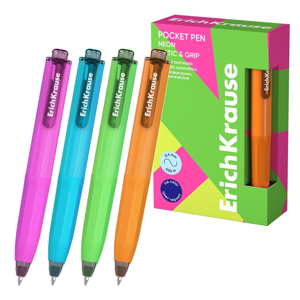 Ручка шариковая автоматическая ErichKrause Poсket Pen Matic&Grip Neon 0.5, цвет чернил синий (в коробке по 12 шт.)
