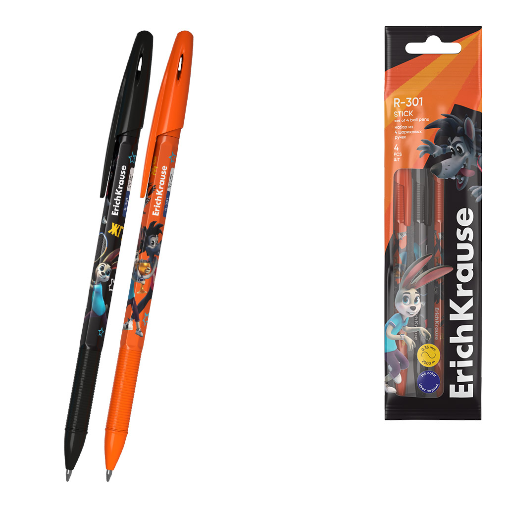 Набор из 4 ручек шариковых ErichKrause R-301 Stick Ну, Погоди! Каникулы 0.7, цвет чернил синий (в пакете)