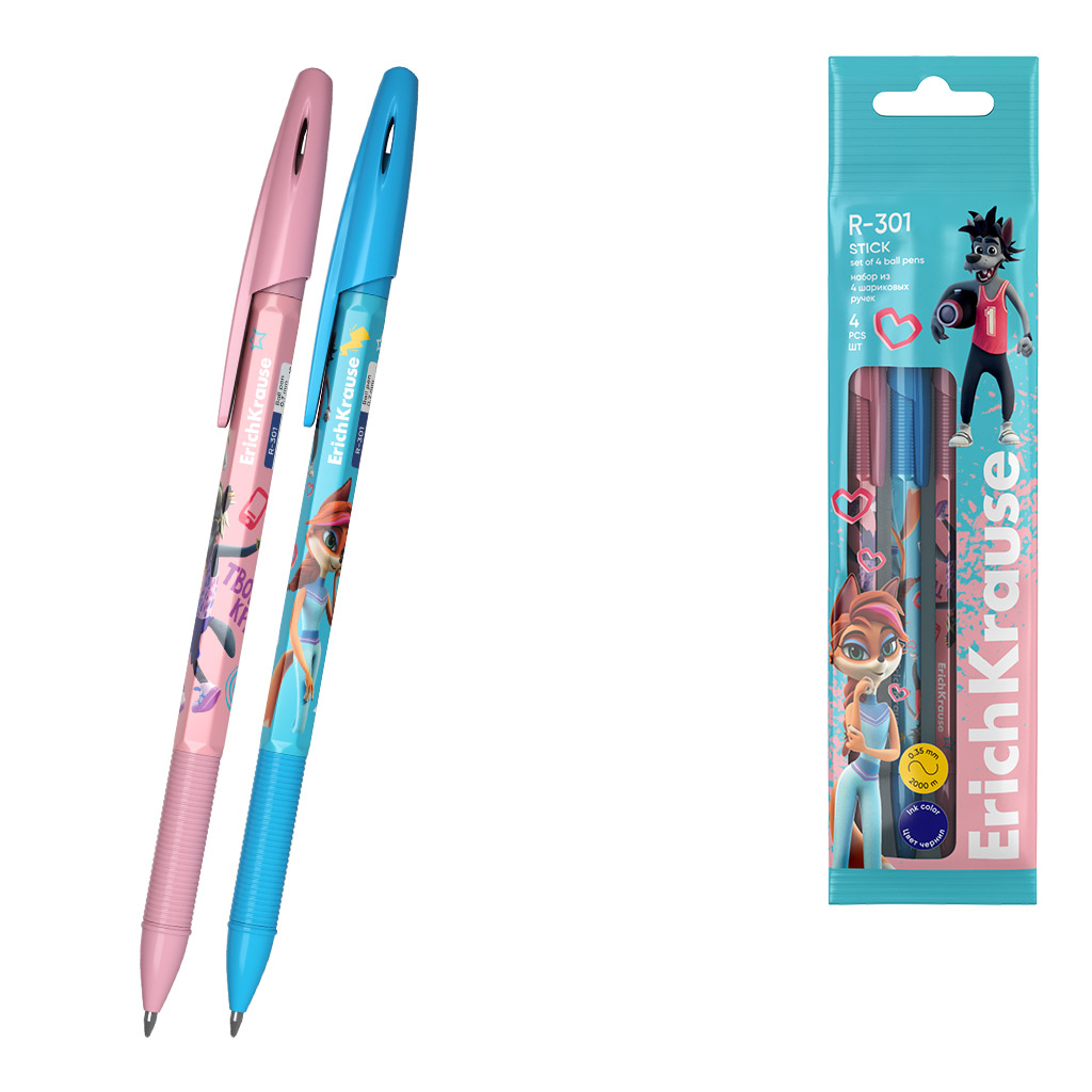 Набор из 4 ручек шариковых ErichKrause R-301 Stick Ну, Погоди! Каникулы для девочки 0.7, цвет чернил синий (в пакете)