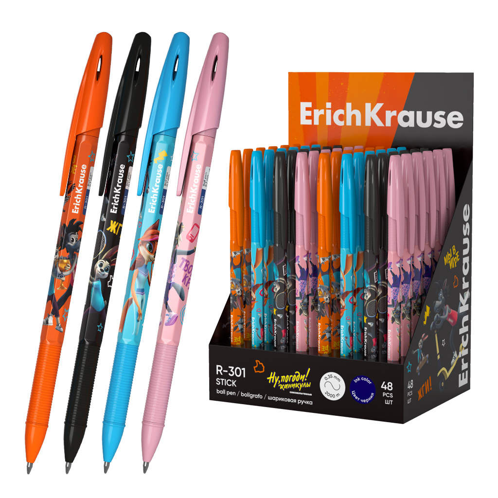 Ручка шариковая ErichKrause R-301 Stick Ну, Погоди! Каникулы 0.7, цвет чернил синий (в коробке-дисплее по 48 шт.)