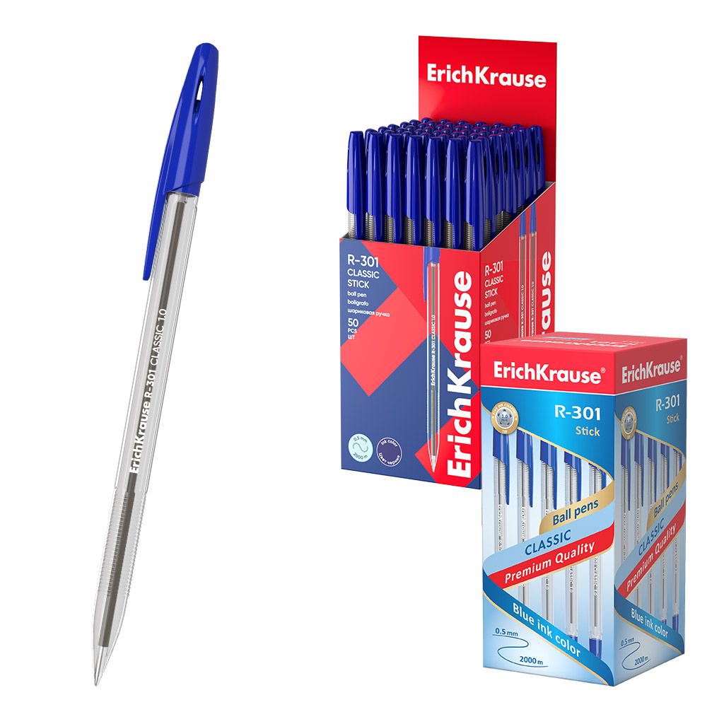 Ручка шариковая ErichKrause R-301 Stick Classic 1.0, цвет чернил синий (в стакане по 70 шт.)