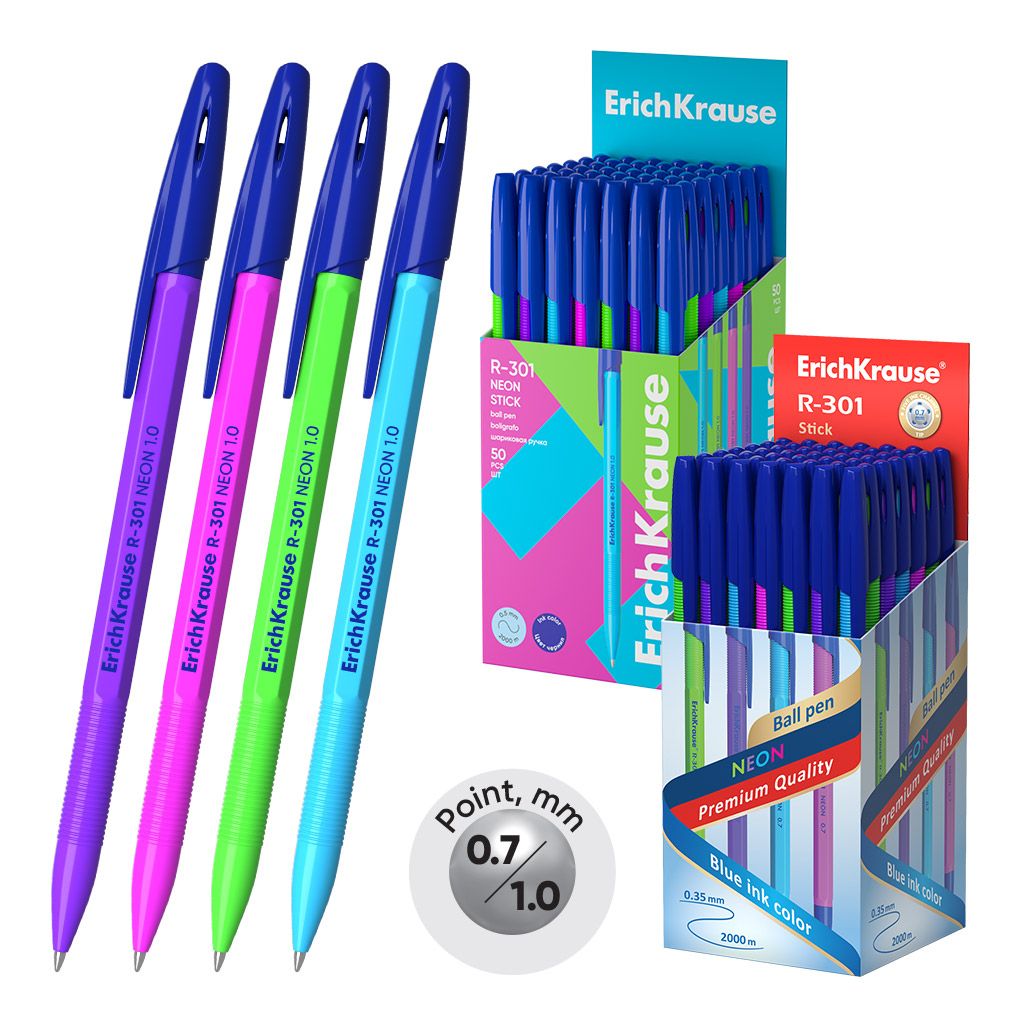 Ручка шариковая ErichKrause R-301 Stick Neon 1.0, цвет чернил синий (в стакане по 70 шт.)