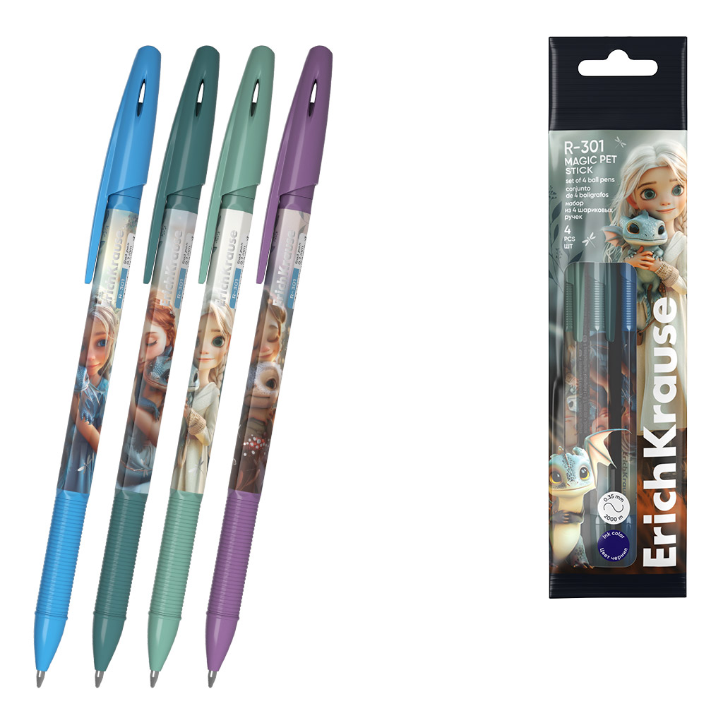 Набор из 4 ручек шариковых ErichKrause R-301 Stick Magic Pet 0.7, цвет чернил синий (в пакете)