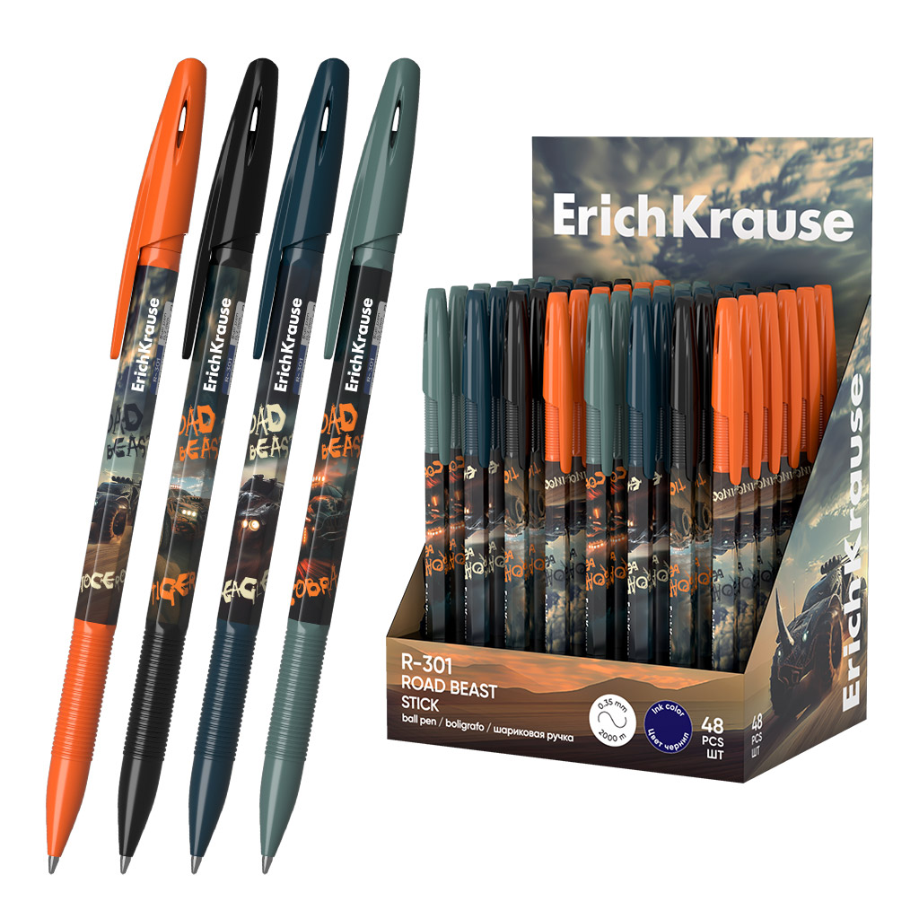 Ручка шариковая ErichKrause R-301 Stick Road Beast 0.7, цвет чернил синий (в коробке-дисплее по 48 шт.)