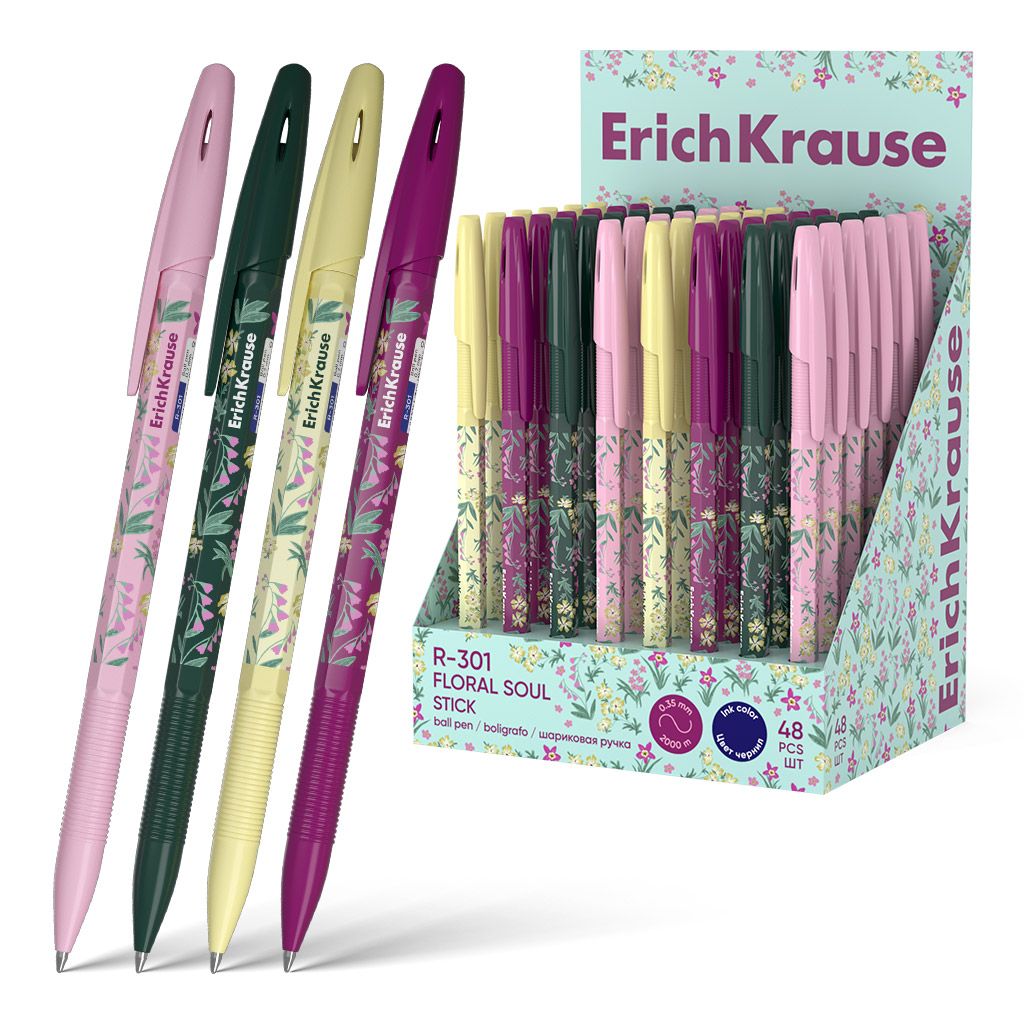 Ручка шариковая ErichKrause R-301 Stick Floral Soul 0.7, цвет чернил синий (в дисплее по 48 шт.)