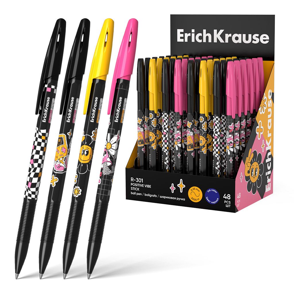 Ручка шариковая ErichKrause R-301 Stick Positive Vibe 0.7, цвет чернил синий (в дисплее по 48 шт.)