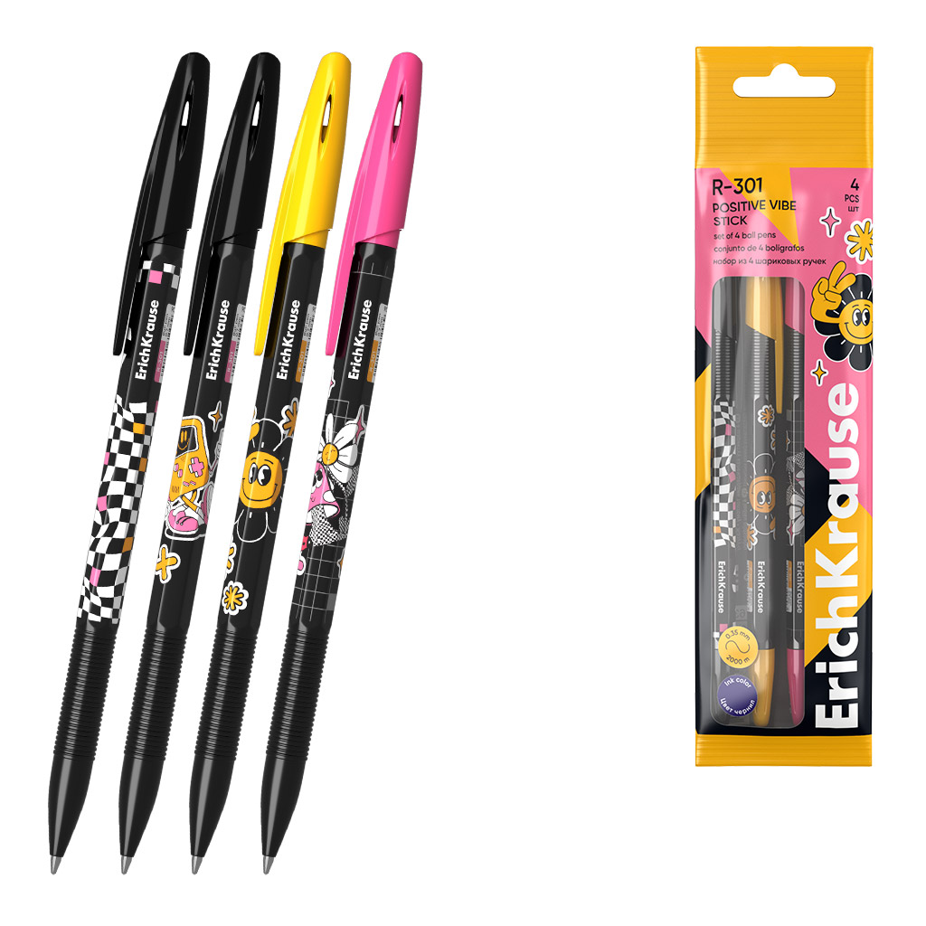 Набор из 4 ручек шариковых ErichKrause R-301 Stick Positive Vibe 0.7, цвет чернил синий (в пакете)
