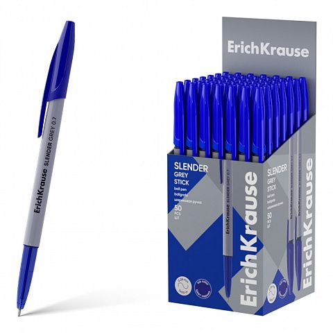 Ручка шариковая ErichKrause Slender Stick Grey 0.7, Super Glide Technology, цвет чернил синий (в коробке по 50 шт.)