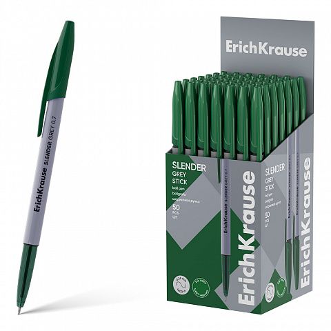 Ручка шариковая ErichKrause Slender Stick Grey 0.7, Super Glide Technology, цвет чернил зеленый (в коробке по 50 шт.)