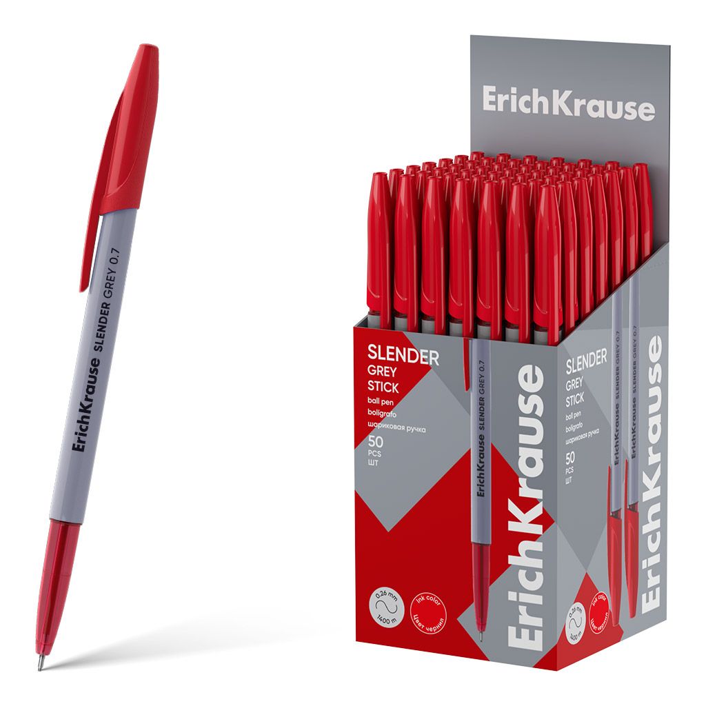 Ручка шариковая ErichKrause Slender Stick Grey 0.7, Super Glide Technology, цвет чернил красный (в коробке по 50 шт.)